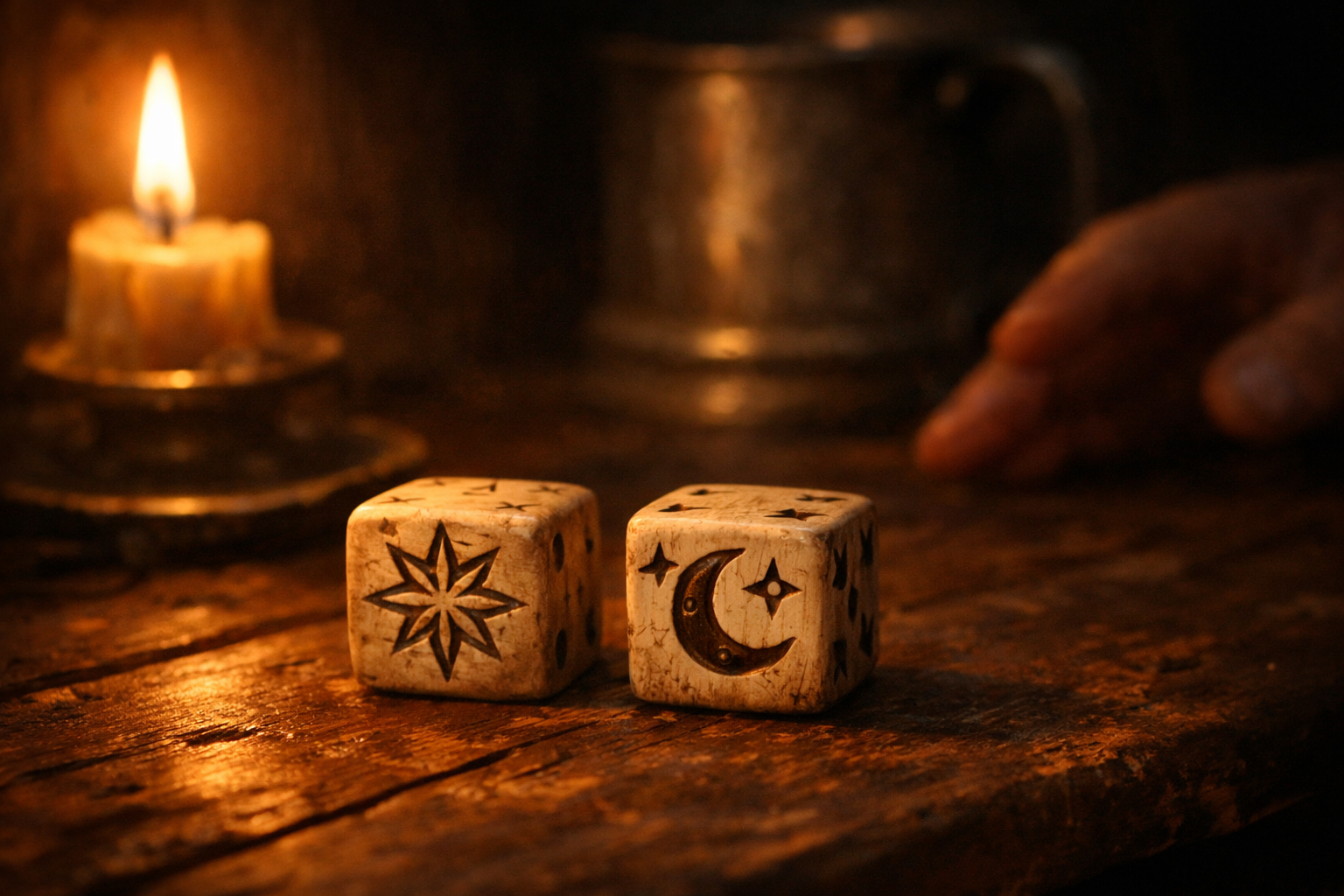 Geschnitzte Würfel auf einem Tavernentisch